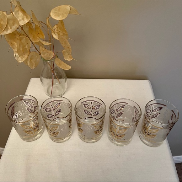 Set of 5 Libbey Frosted Gold Leaf Design Cordial Juice Glasses - Picture 2 of 5